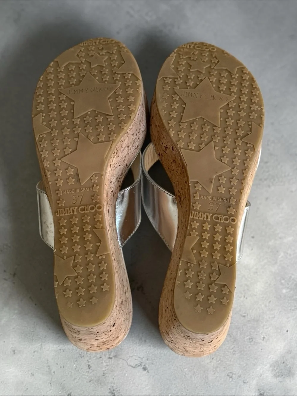 Jimmy Choo Silver Metallic Cork Wedge Thong Sandals! Size 37